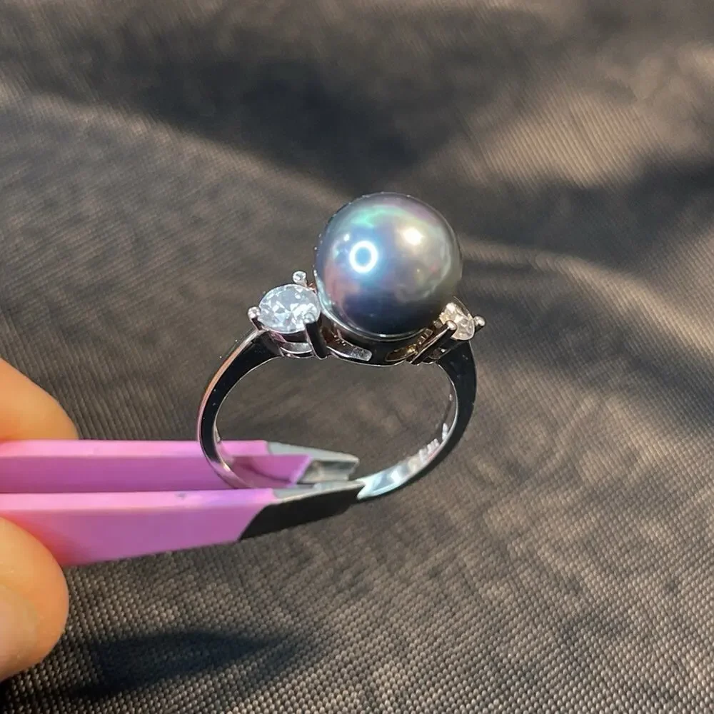 Authentic ZALES 925 Sterling Silver Gray Pearl Three Stone Ring Sz 7